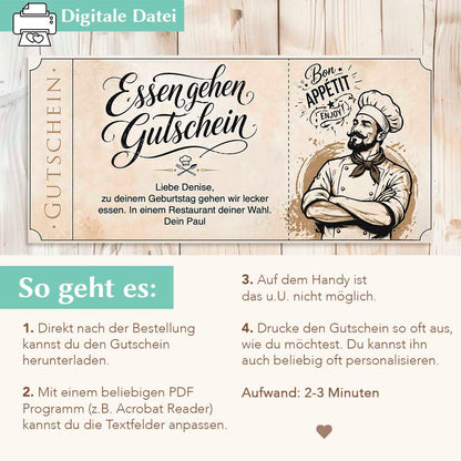 Essen gehen Gutschein Vorlage Herzensprojekt Manufaktur