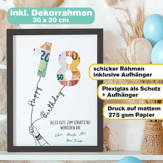 Kreatives Geldgeschenk zum 18. Geburtstag im Rahmen merchOne