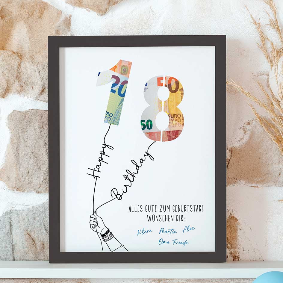 Kreatives Geldgeschenk zum 18. Geburtstag im Rahmen merchOne