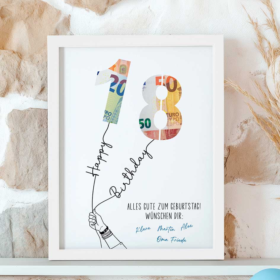 Kreatives Geldgeschenk zum 18. Geburtstag im Rahmen merchOne