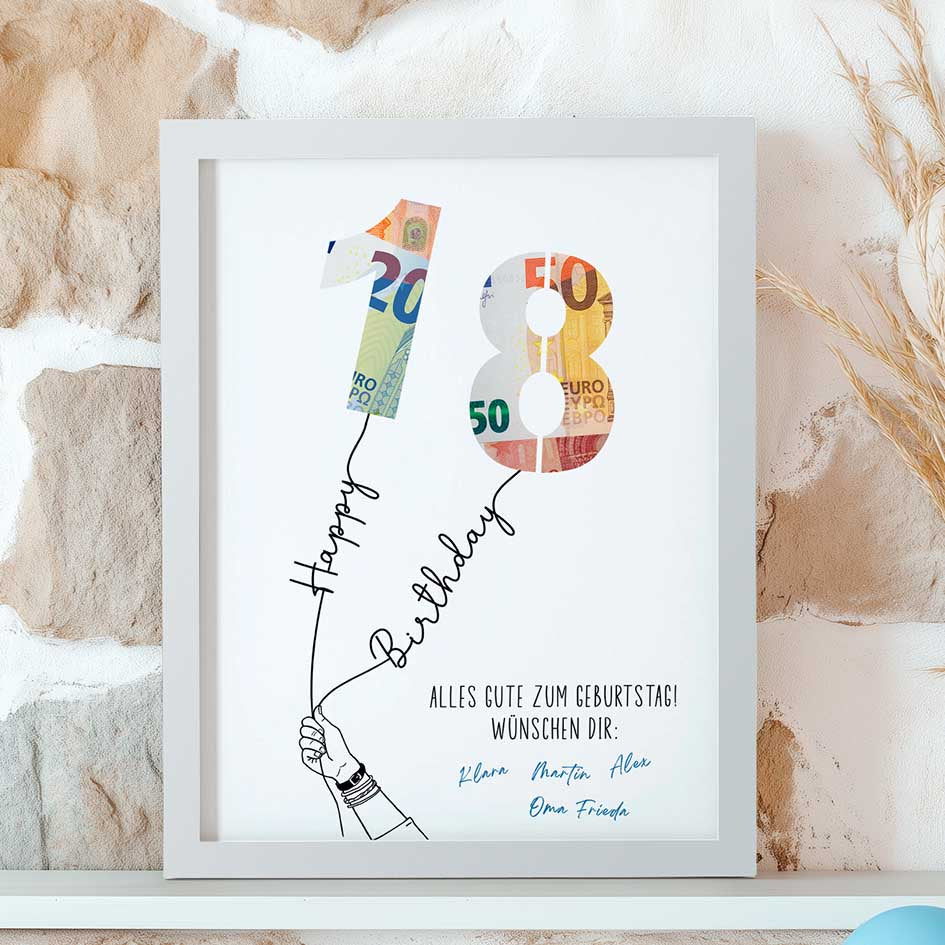 Kreatives Geldgeschenk zum 18. Geburtstag im Rahmen merchOne