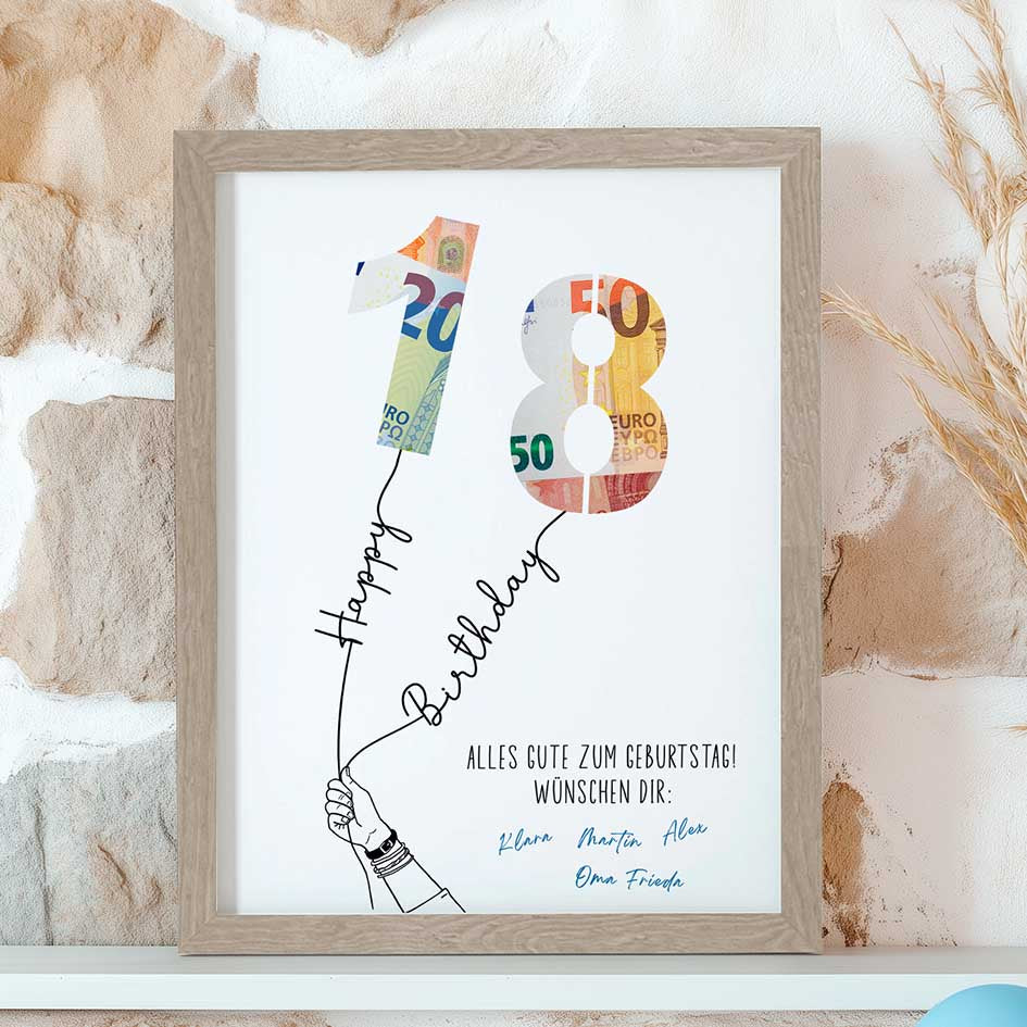 Kreatives Geldgeschenk zum 18. Geburtstag im Rahmen merchOne