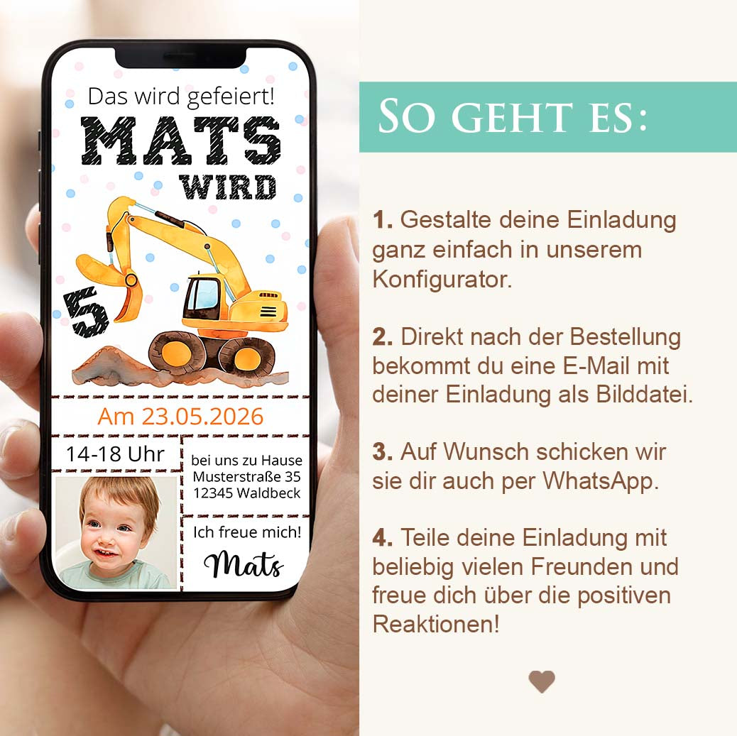 Kindergeburtstag Einladung Bagger Herzensprojekt Manufaktur