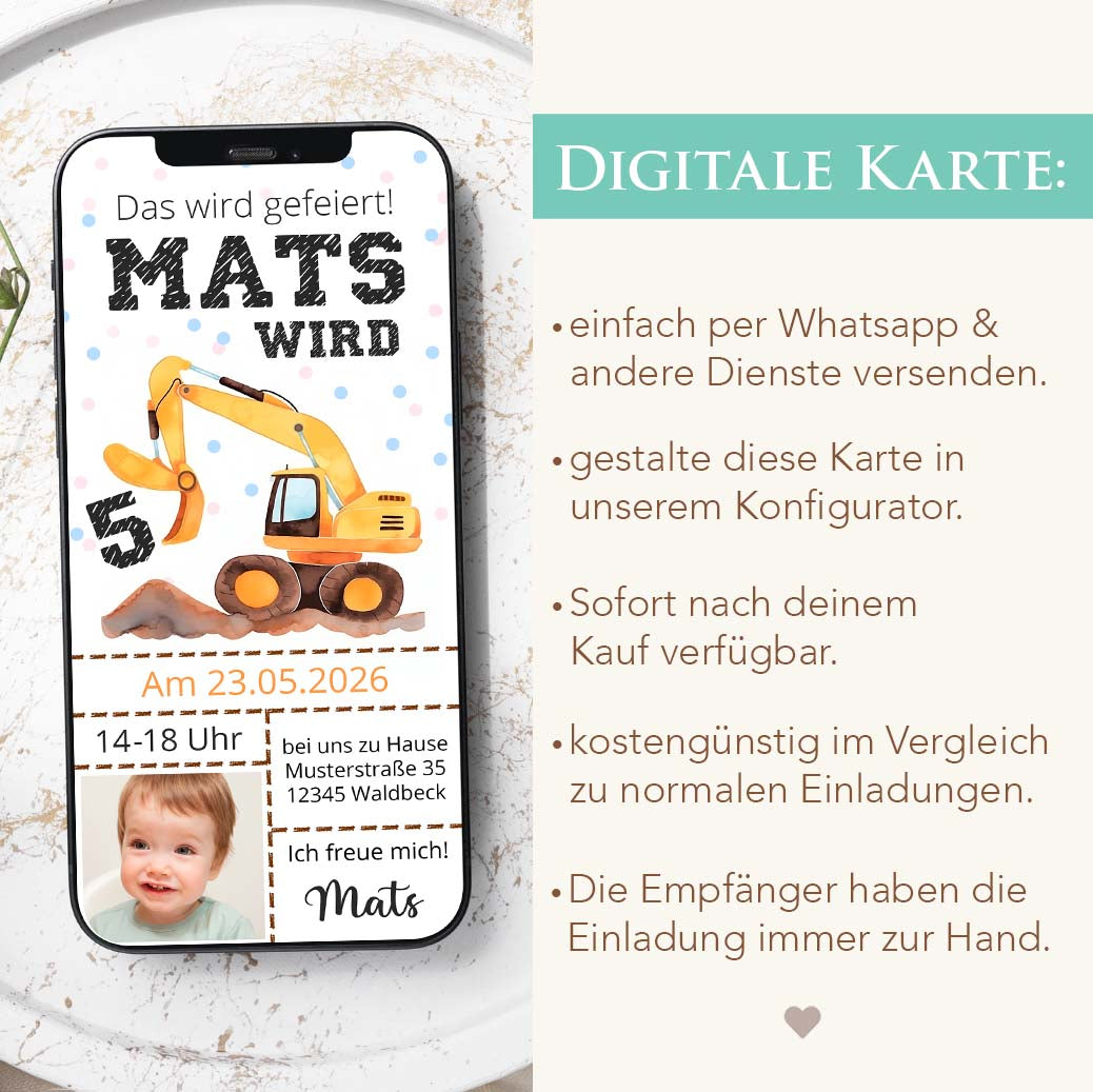 Kindergeburtstag Einladung Bagger Herzensprojekt Manufaktur